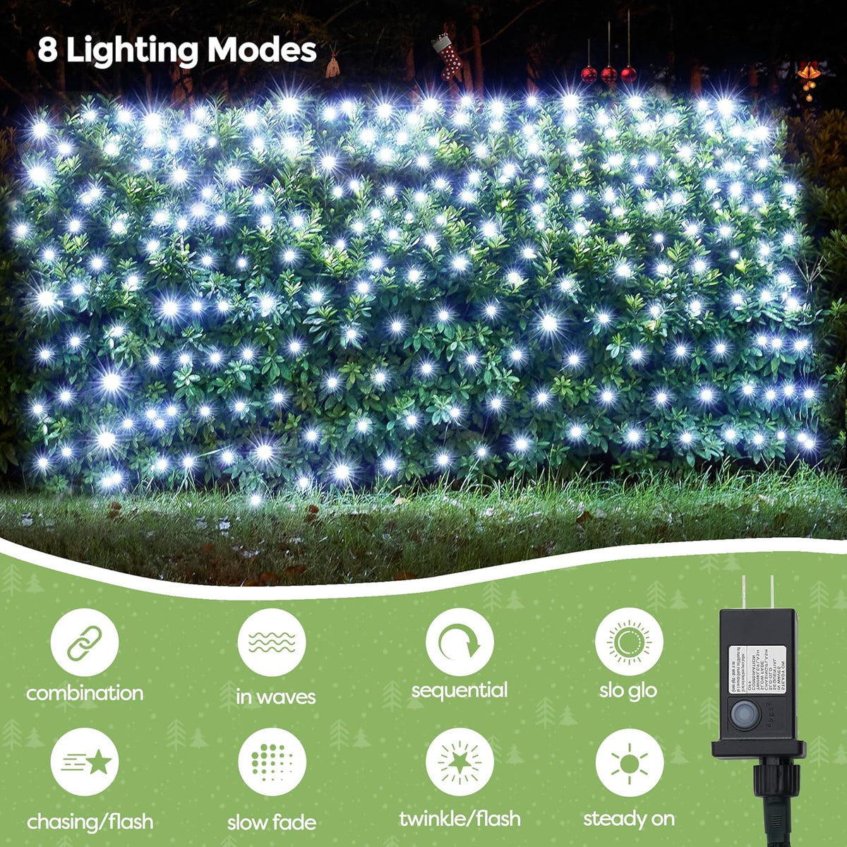 WBao Christmas Net Lights 200LED F8 Big Bulbs, 8.4ft x 5.2ft Christmas Lights with 8 Modes, Timer