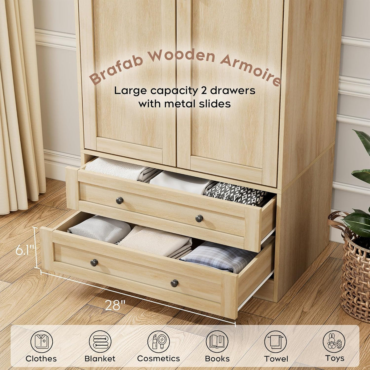 Brafab Wooden Armoire Wardrobe Closet with 2 Modern Doors, 71" Tall Freestanding Closet Wardrobe