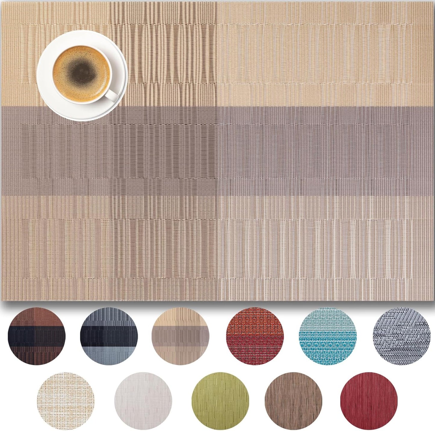 Placemats Set of 12 - Easy Clean Woven Vinyl Placemats for Dining Table, Indoor/Outdoor Place Mats