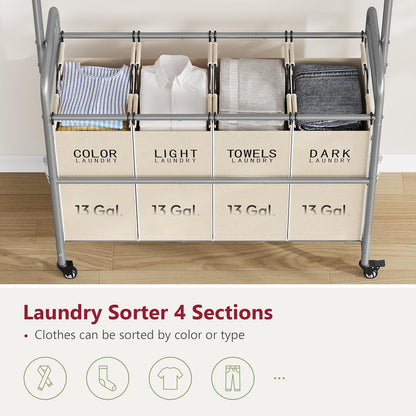 Tajsoon Laundry Hamper with Hanging Rack, Laundry Sorter 4 Sections, 4 Basket Butler with Lockable