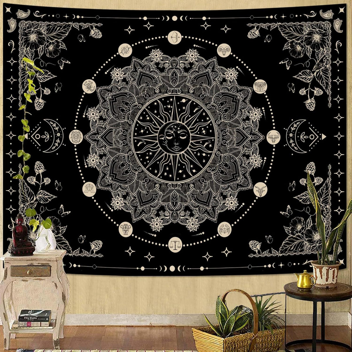 Lunerfex Sun and Moon Mandala Tapestry Boho Tapestry for Bedroom Black and White Tapestries Wall