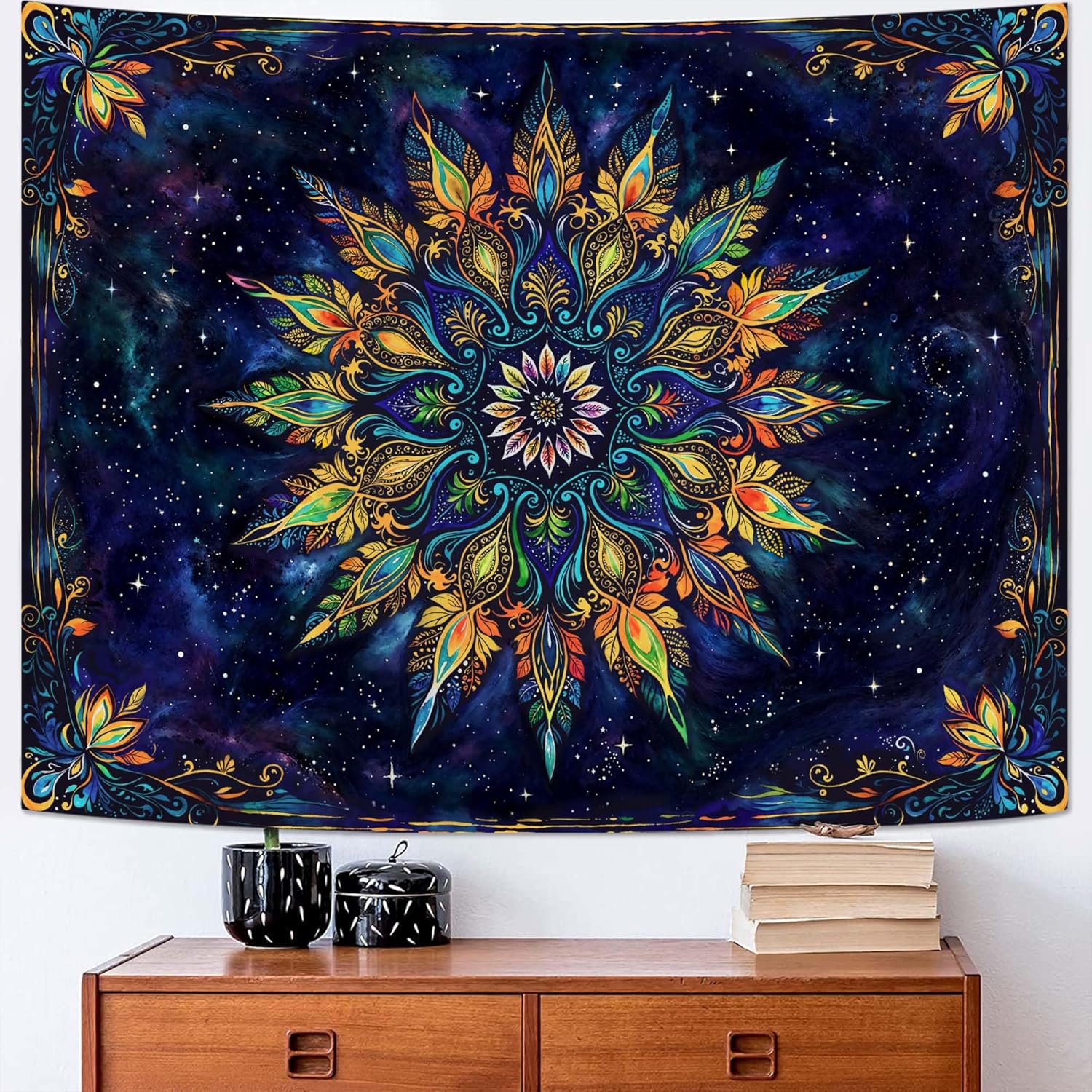 Fowocu Boho Floral Mandala Tapestry for Bedroom Aesthetic Blue Bohemian Colorful Flower Wall