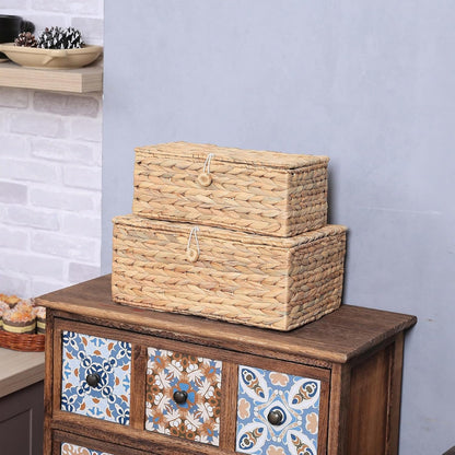 Set of 2 Rectangular Wicker Storage Bins with Lid, Rattan Basket Decorative Boxes, Multipurpose