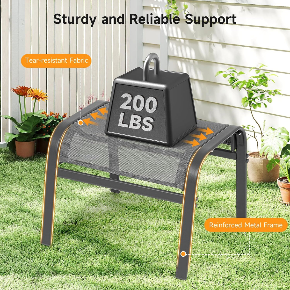 Outdoor Ottoman Set of 2, All Weather Outdoor Foot Stool with Supportive Textliene and Metal Frame