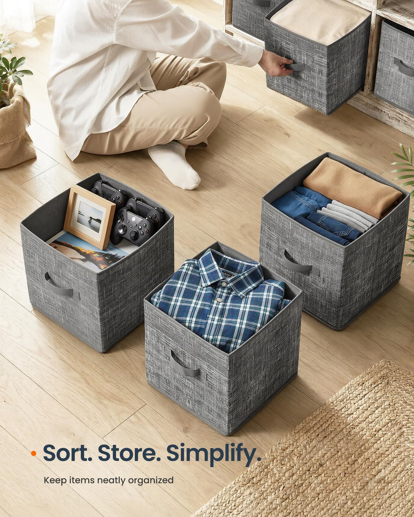 SONGMICS HOME Foldable Storage Cubes Set of 10, Fabric Shelf Organizer Bins with Handles, Closet