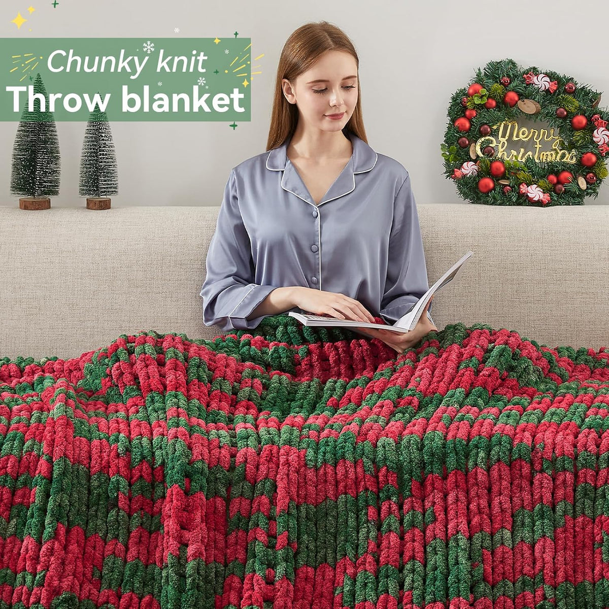 Chunky Knit Throw Blanket, 50''*60'' Knitted Throw Chenille Yarn for Bed Couch, Handmade Stripe
