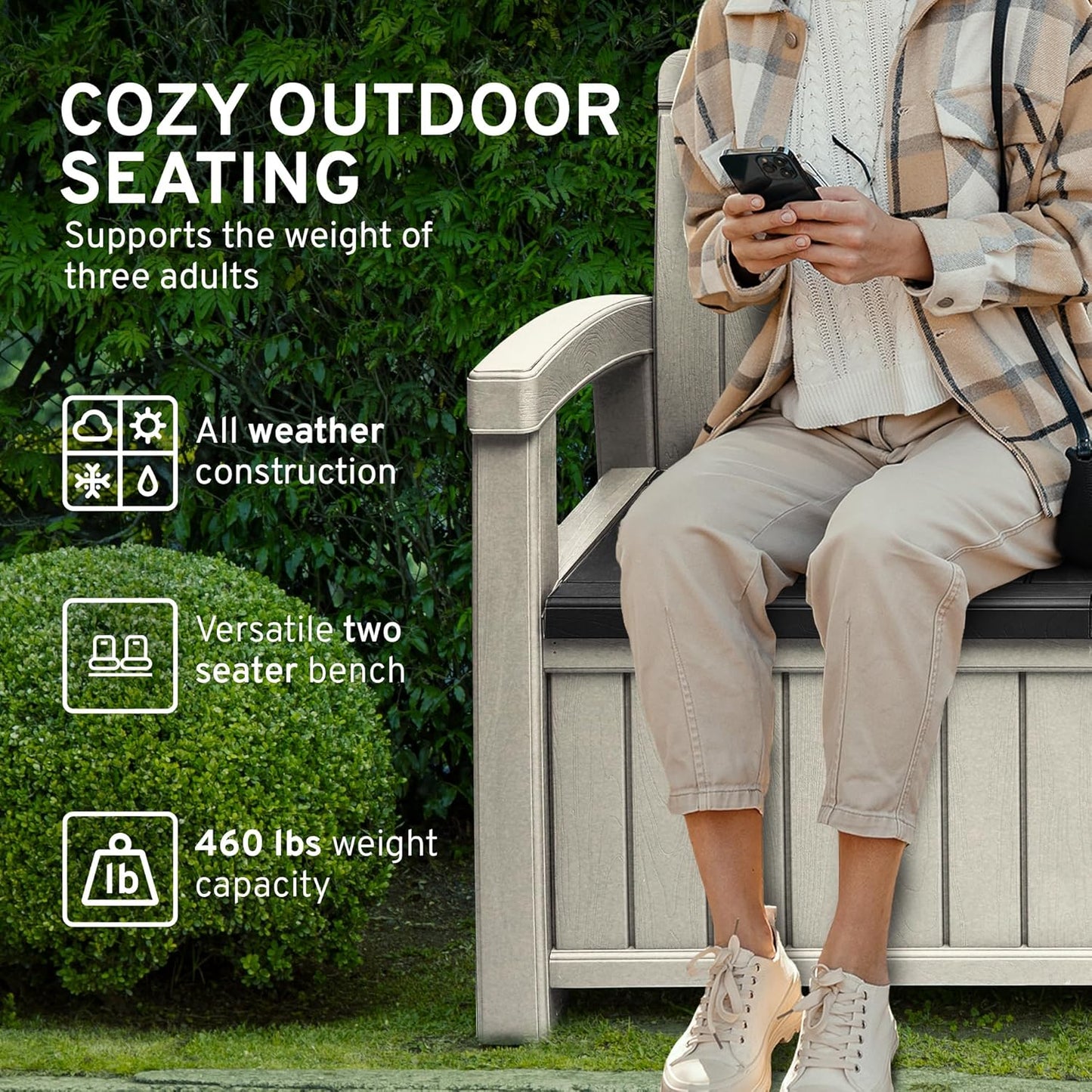 EconoHome 2 Seat Outdoor Storage Bench with Rain Cover - 60 Gallon Capacity - Weatherproof Resin