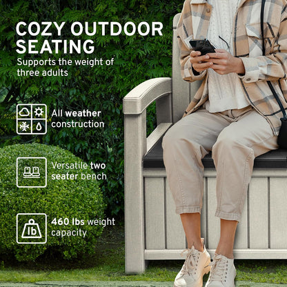 EconoHome 2 Seat Outdoor Storage Bench with Rain Cover - 60 Gallon Capacity - Weatherproof Resin