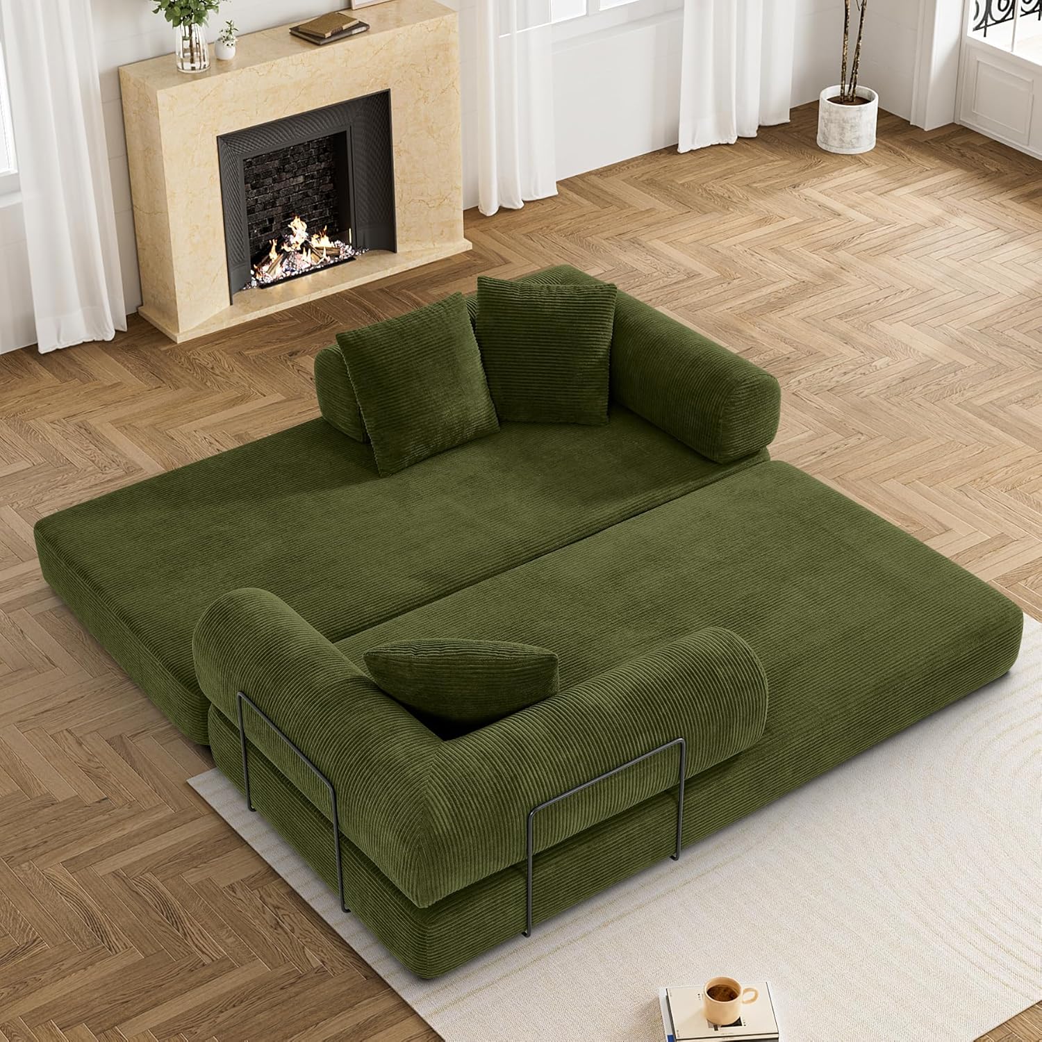 80.3" Convertible Sleeper Sofa Bed with Cylindrical Pillow, Corduroy Folding Mattress Couch with