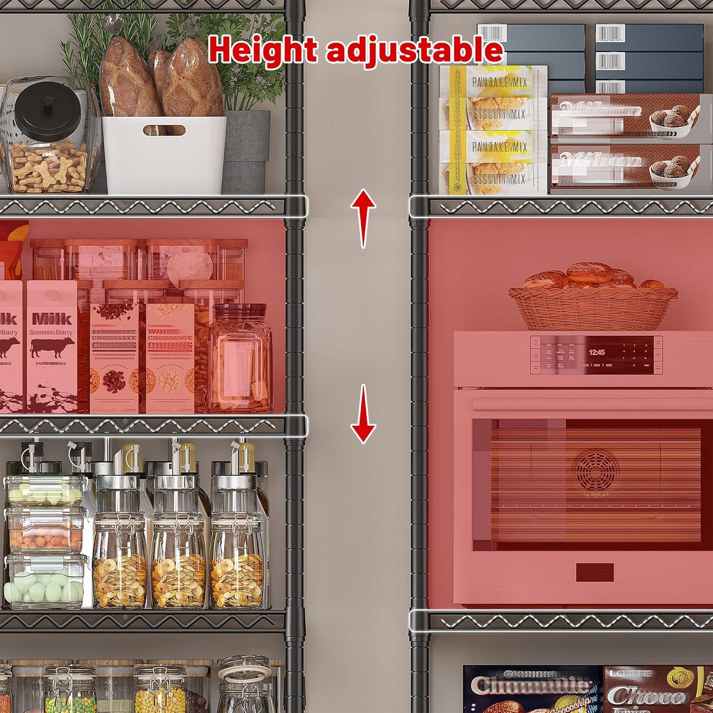 REIBII 45.5''W Storage Shelves Wire Shelving, 5 Tier Pantry Shelves for Storage Rack, Adjustable