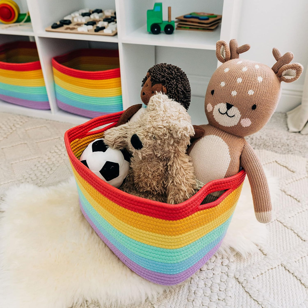 OrganiHaus Set of 3 Rainbow Woven Storage Baskets for Organizing, Cotton Rope Organizer Bins for