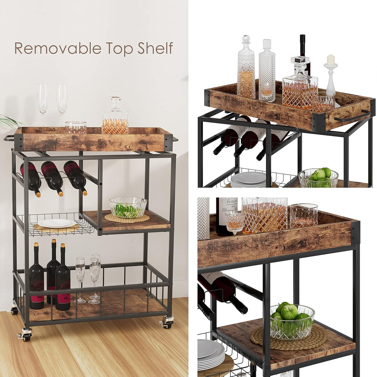 Bar Cart with Basket 3 Tiers Home Rolling Wine Rack with Wheels Mobile Kitchen Industrial Vintage