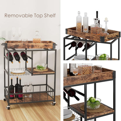 Bar Cart with Basket 3 Tiers Home Rolling Wine Rack with Wheels Mobile Kitchen Industrial Vintage