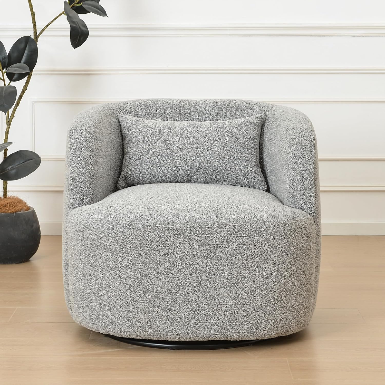 KINWELL 34" Wide Sherpa Swivel Barrel Chair, No Assembly Round Boucle Upholstered Accent Chair