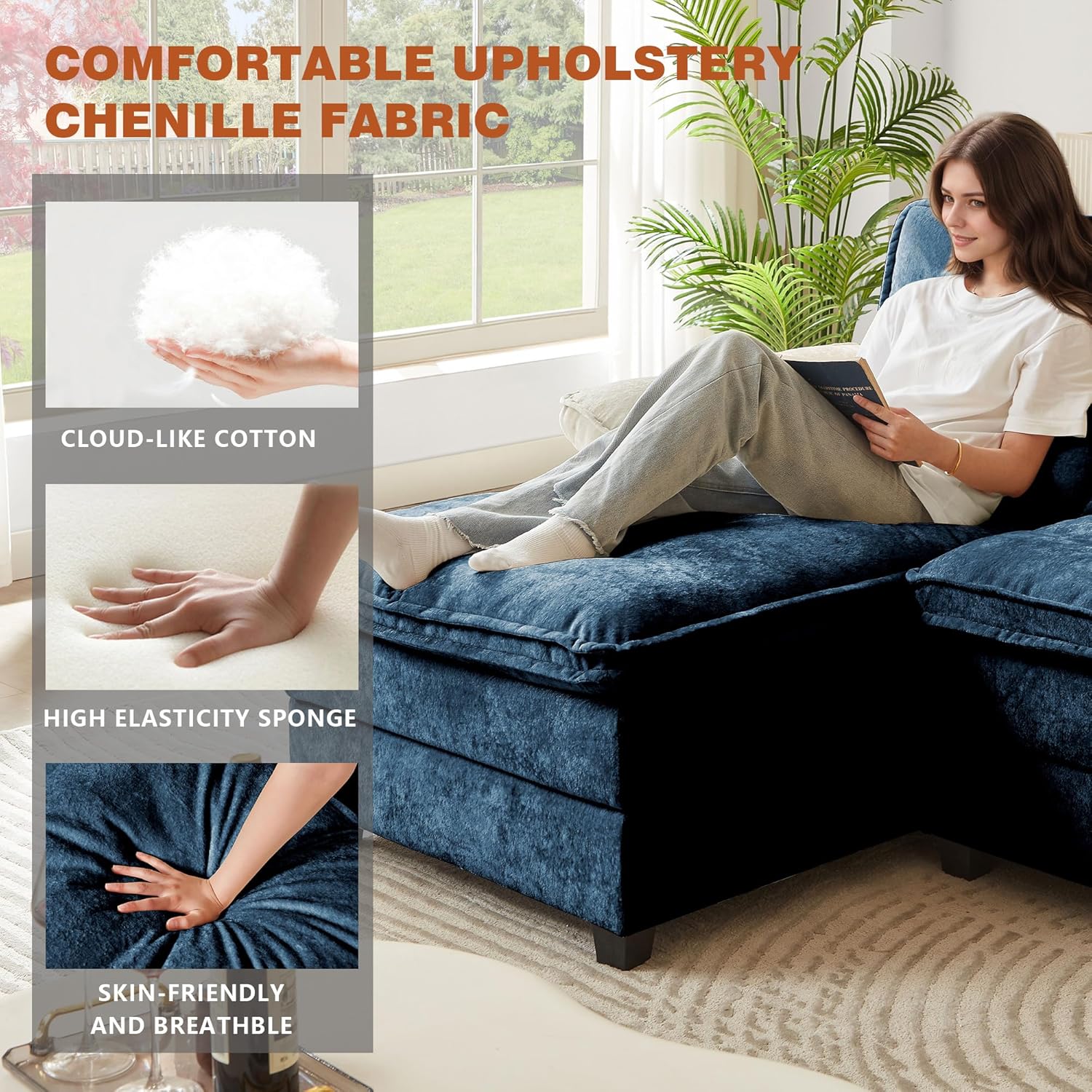 113" Oversized Cloud Couch, U Shape Sectional 4 Seat Sofa with Double Chaises, 2 Layer Cusions