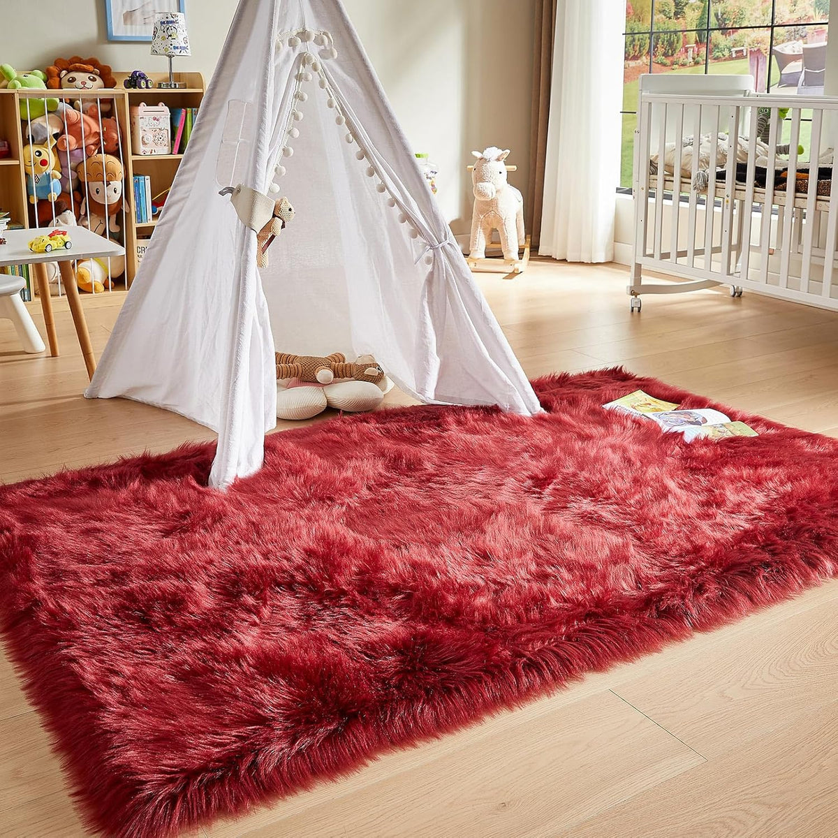 AMTOVO Faux Fur Sheepskin Rug for Living Room, 4 x 6 ft Burgundy Fluffy Area Rug for Bedroom