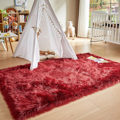 AMTOVO Faux Fur Sheepskin Rug for Living Room, 4 x 6 ft Burgundy Fluffy Area Rug for Bedroom