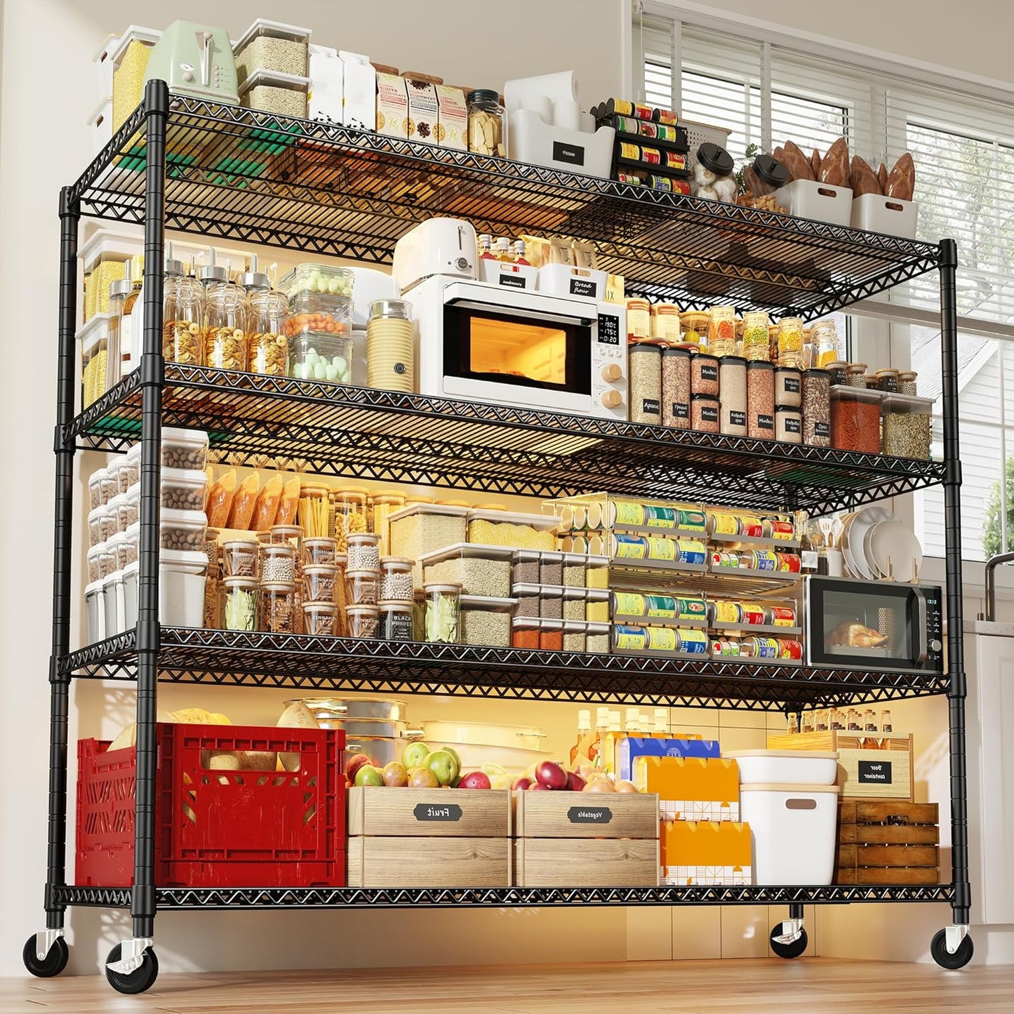 REIBII 60''W Storage Shelves 2399LBS Garage Shelving Heavy Duty with Wheels & Feet, 4 Tier Wire