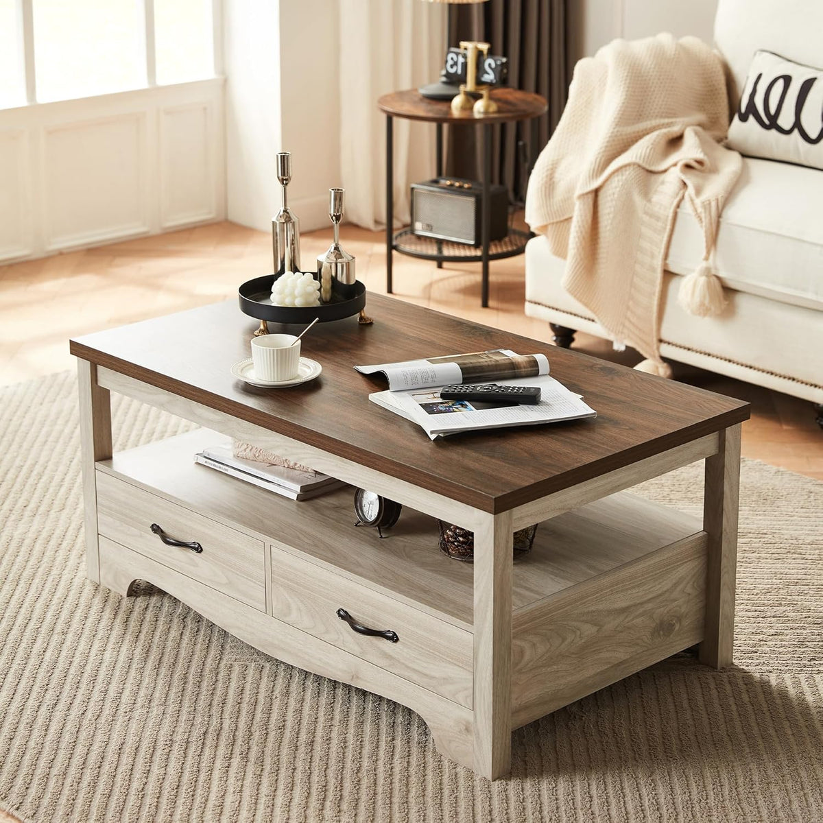 LINSY HOME Farmhouse Coffee Table with Storage, Wood Coffee Table for Living Room, Open Display