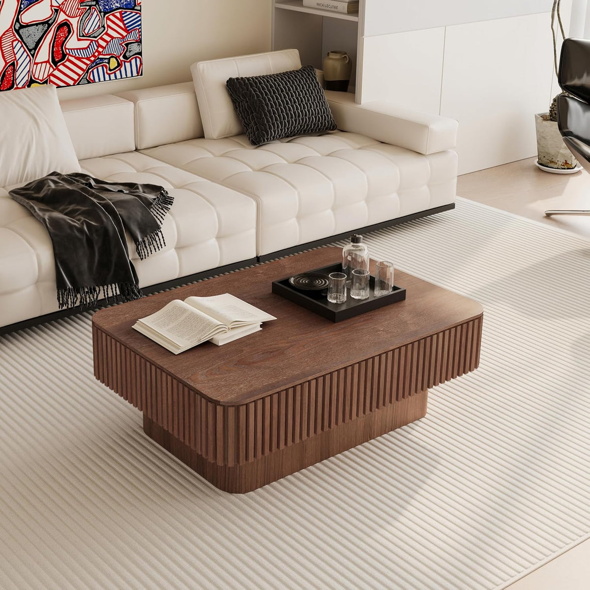 Lift Coffee Table with Storage & Adjustable Height, Solid Wood Coffee Table Fluted Center Table