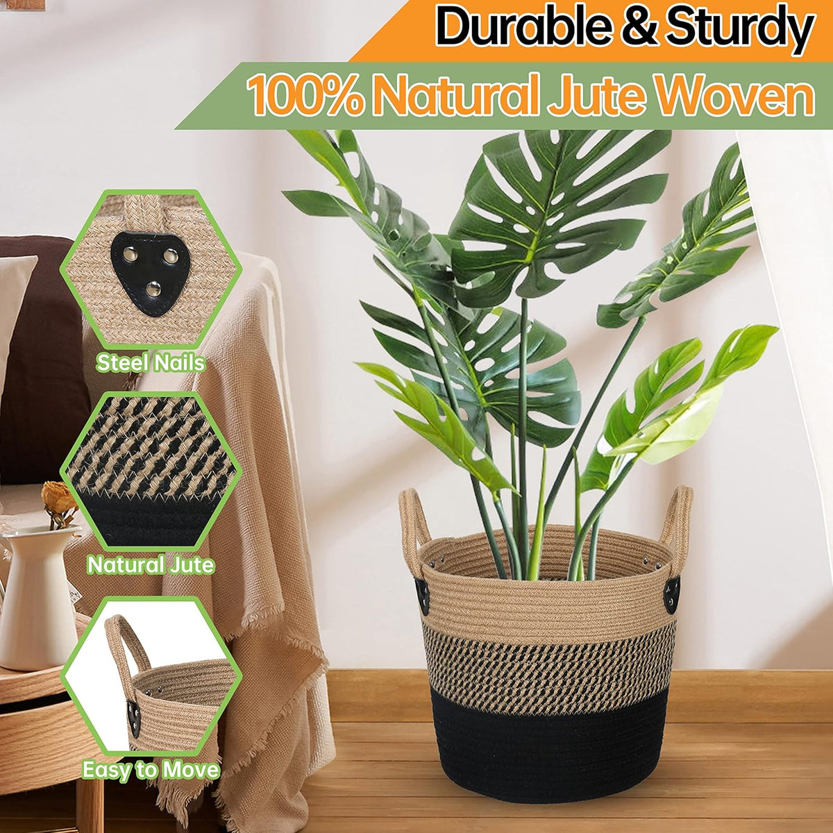 14"x12" Natural Jute Rope Woven Storage Basket with Handles for Plant, Blankets,Toys - Living Room