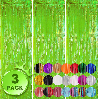 3 Pack 3.3x8.2 Feet Neon Green Foil Fringe Backdrop Curtains, Tinsel Streamers Birthday Party