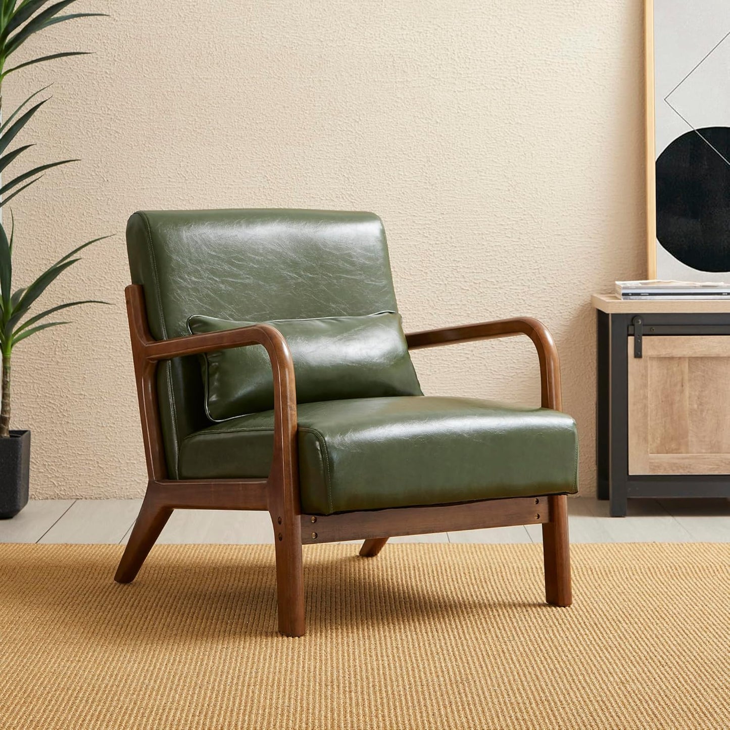 Glitzhome Mid Century Hunter Green Accent Armchair, Single Reading Armchair PU Leather Lounge Chair