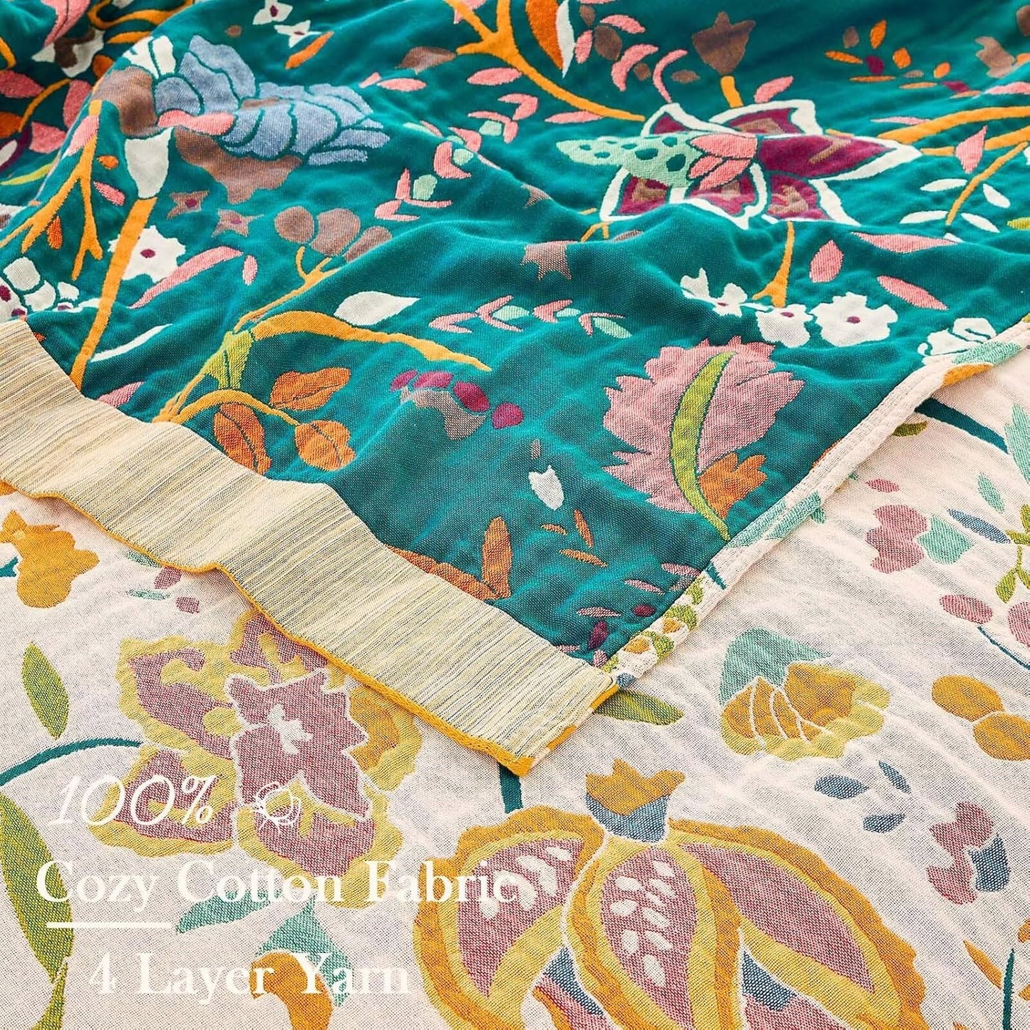 Boho Throw Blanket for Bed, 100% Cotton Soft Rustic Quilt Fall Blanket, 50"x60" Yellow Floral