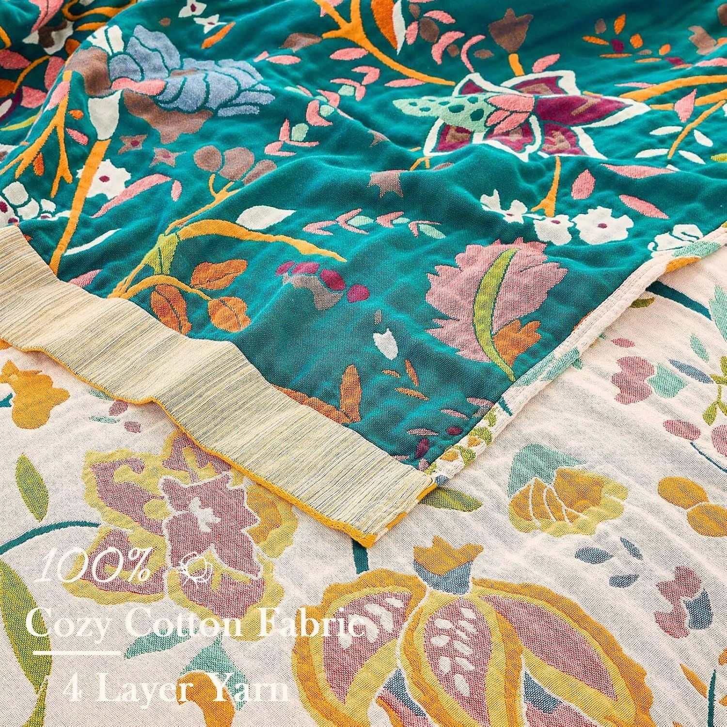 Boho Throw Blanket for Bed, 100% Cotton Soft Rustic Quilt Fall Blanket, 50"x60" Yellow Floral