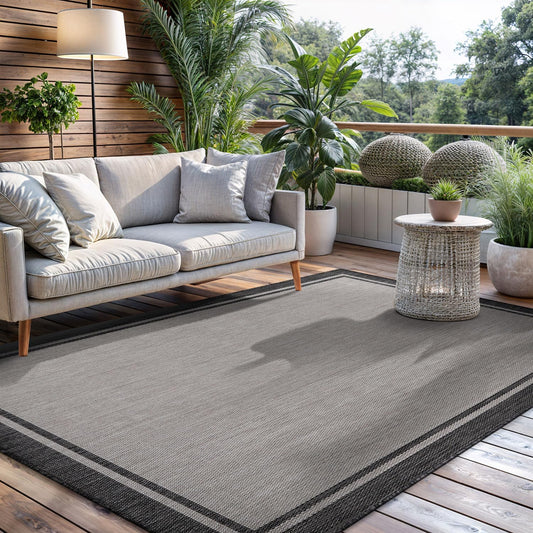 CAMILSON Indoor Outdoor Rug, 5x7 Bordered Gray Modern Area Rugs for Indoor and Outdoor Patios