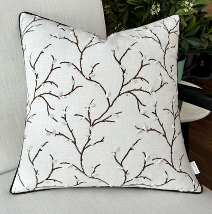 VAGMINE Embroidered Pussy Willow Throw Pillow Cover - 18x18 Inches Square - 100% Cotton Ivory