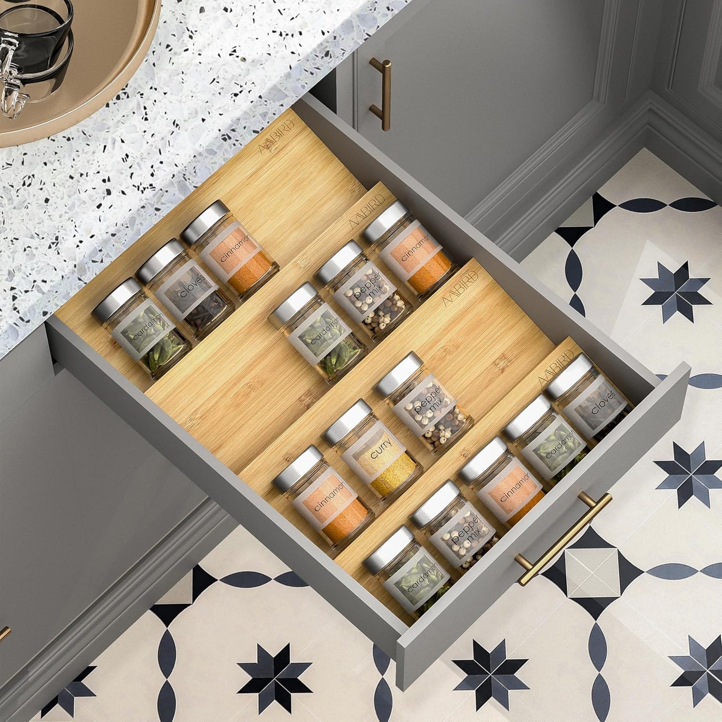 AMBIRD Bamboo Spice Drawer Organizer with Non-slip Mat, 4 Tier Jar Spice Rack Tray 13'',Seasoning