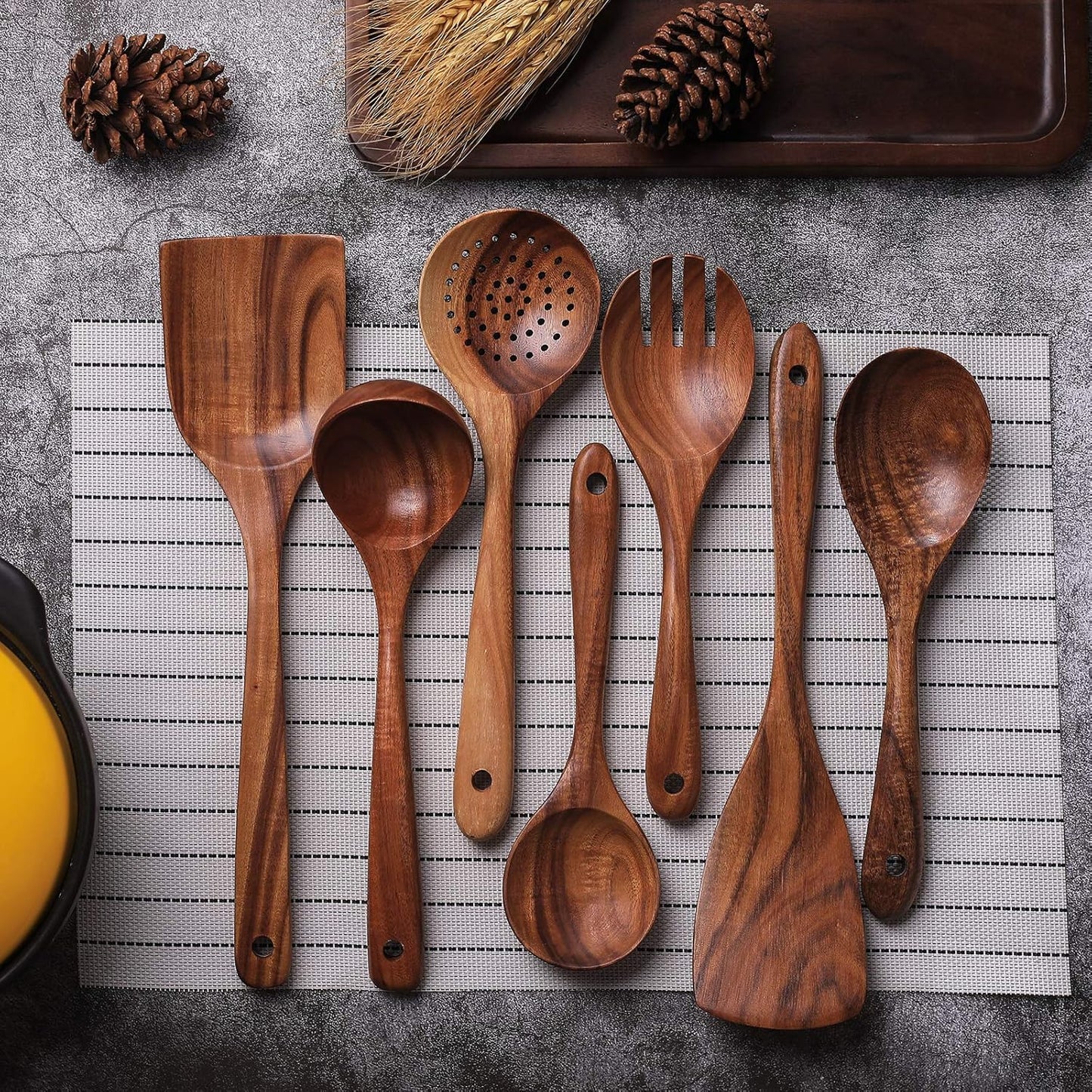 Wooden Non-Stick Kitchen Pan Toolset 7 Pieces Set,100% Natural Teak Kitchen Utensils Spatula