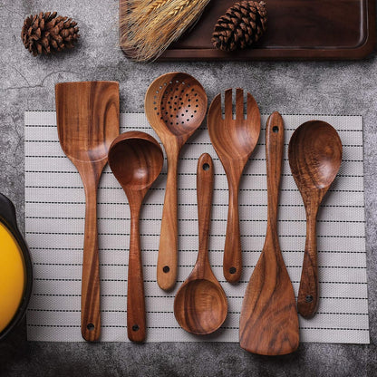 Wooden Non-Stick Kitchen Pan Toolset 7 Pieces Set,100% Natural Teak Kitchen Utensils Spatula