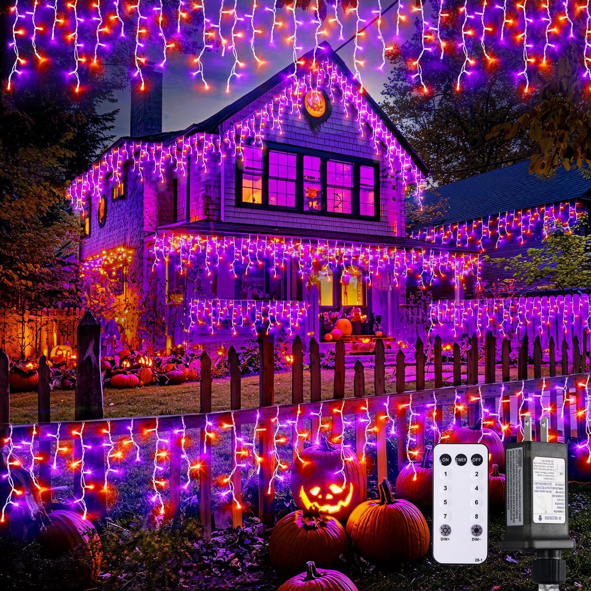JMEXSUSS 400 LED Orange and Purple Halloween Lights Outdoor, 38.8 FT Orange and Purple Icicle Light