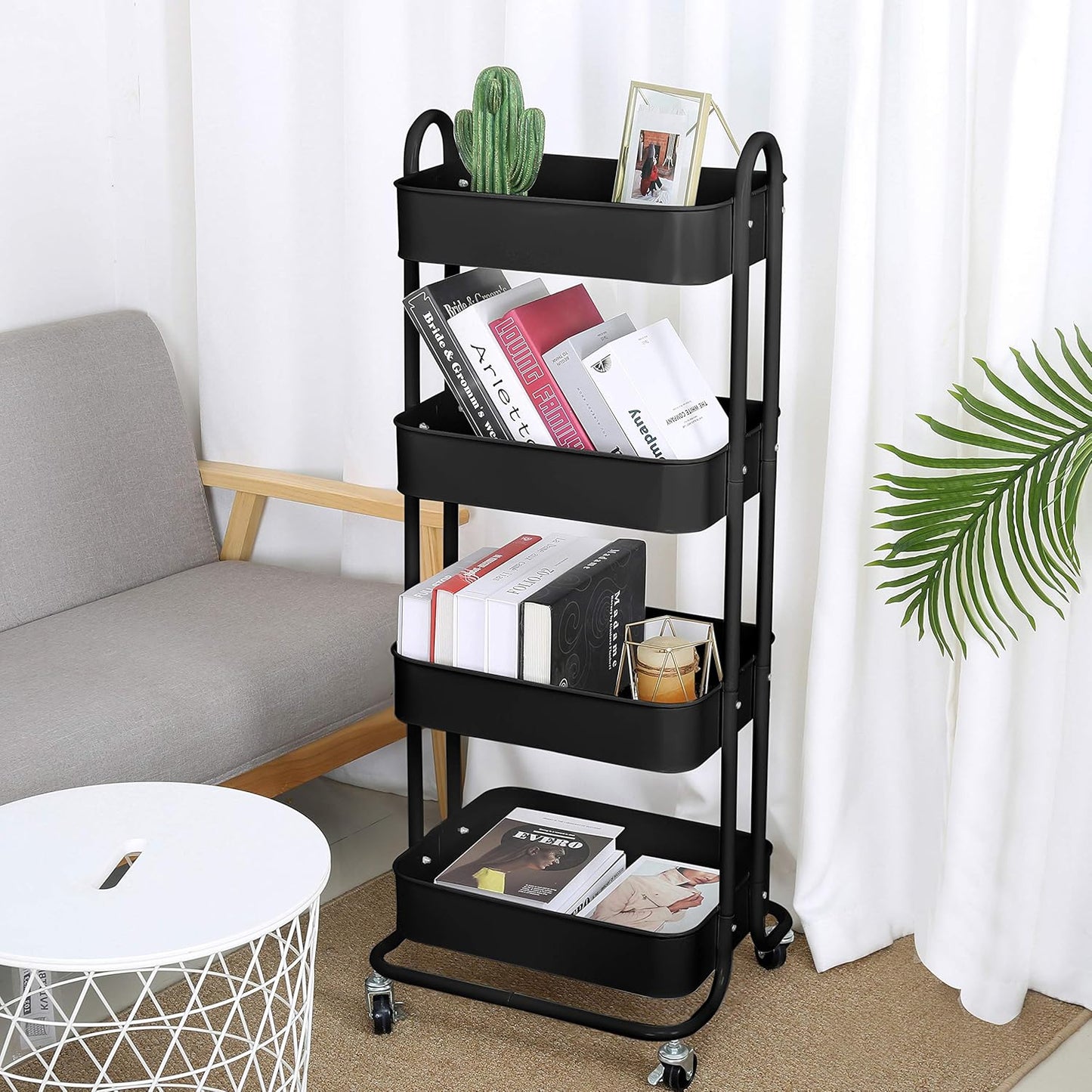 4-Tier Metal Mesh Utility Rolling Cart Storage Organizer Shelf Rack with Lockable Wheels for Living