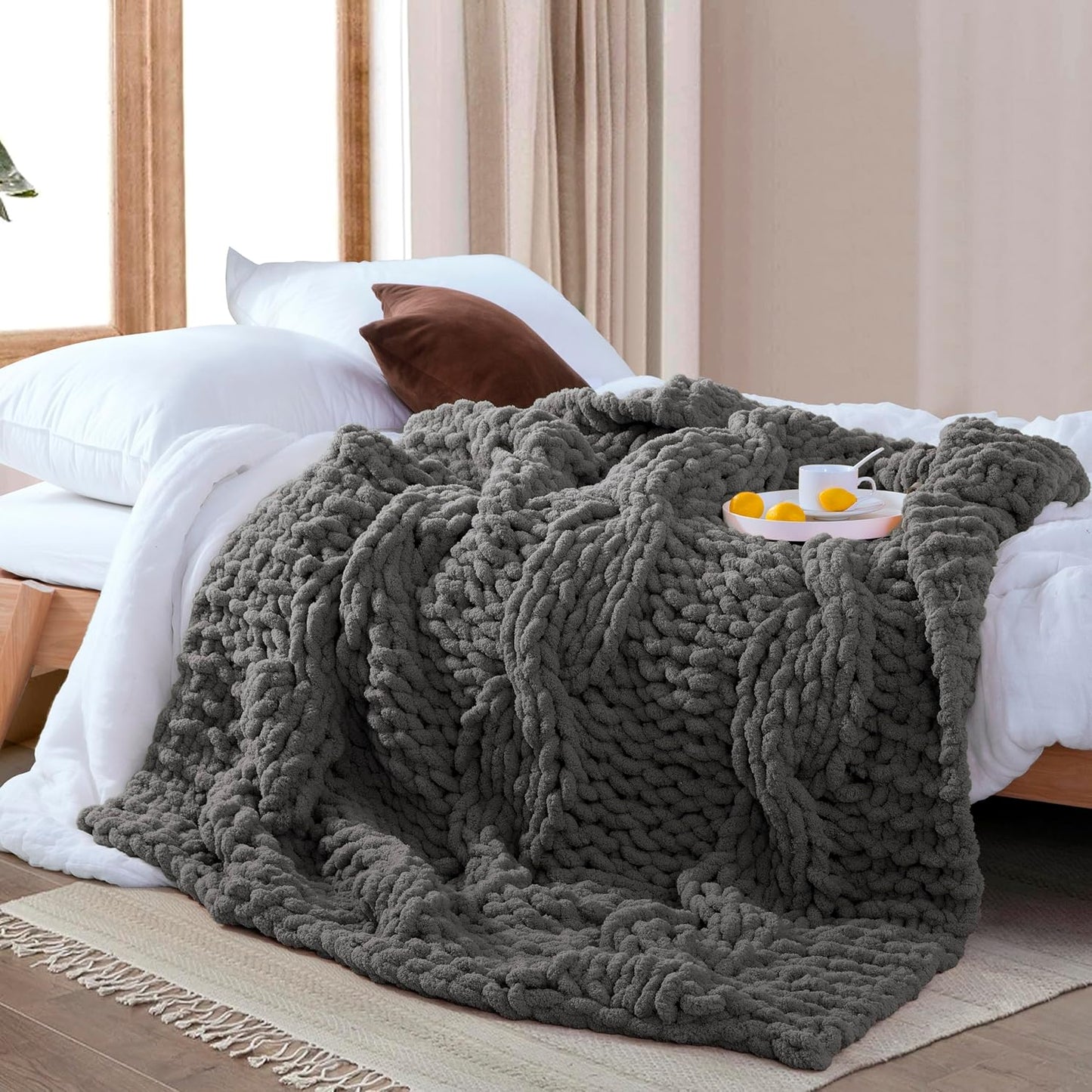 Chunky Knit Blanket Throw - 100% Hand Knitted Chunky Throw Blanket for Couch, Thick and Warm