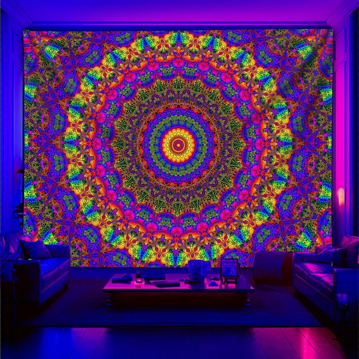 PSYHILAR Blacklight Mandala Boho Tapestry, Black Light Bohemian Hippie Poster for Adults and Teens