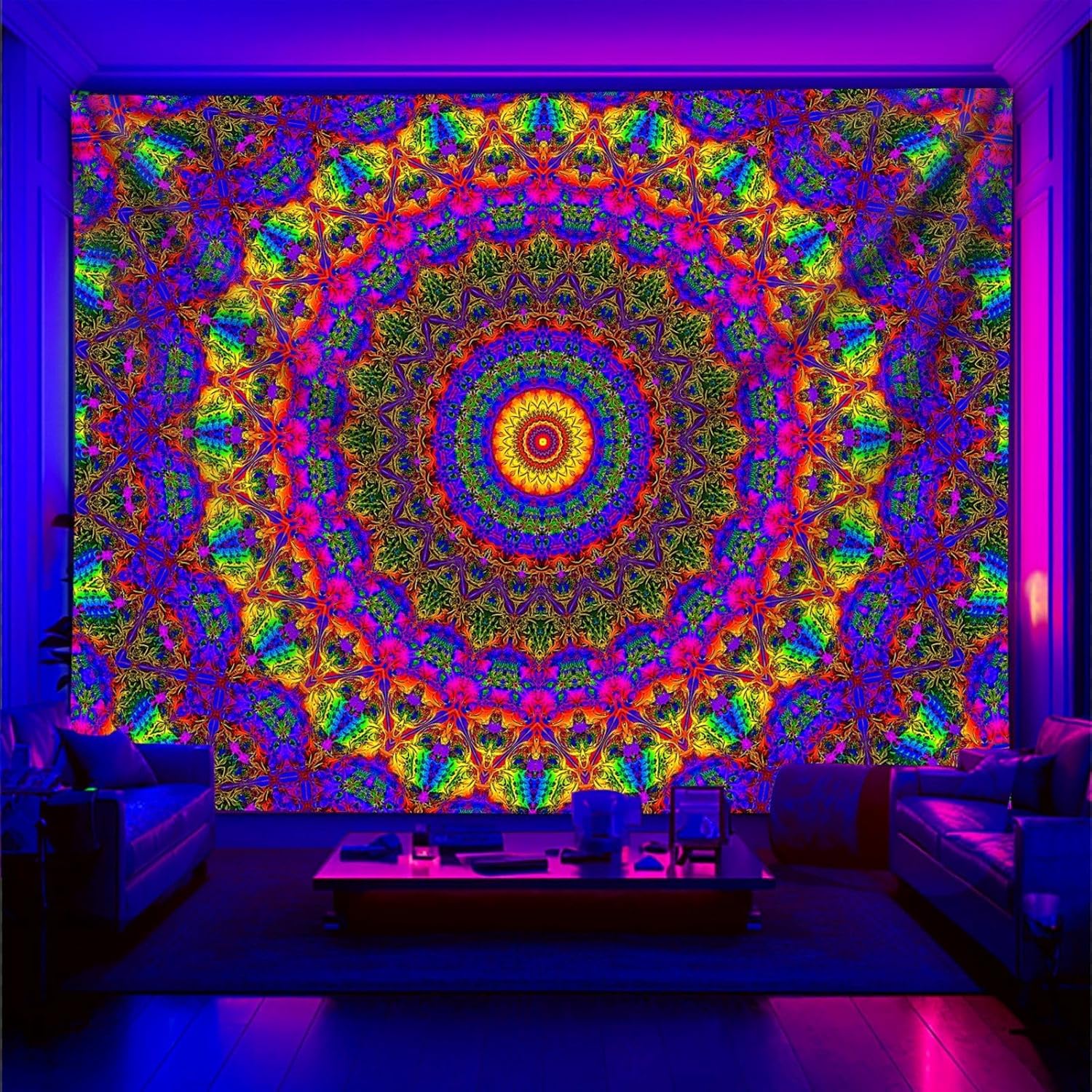 PSYHILAR Blacklight Mandala Boho Tapestry, Black Light Bohemian Hippie Poster for Adults and Teens