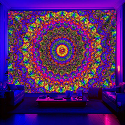 PSYHILAR Blacklight Mandala Boho Tapestry, Black Light Bohemian Hippie Poster for Adults and Teens