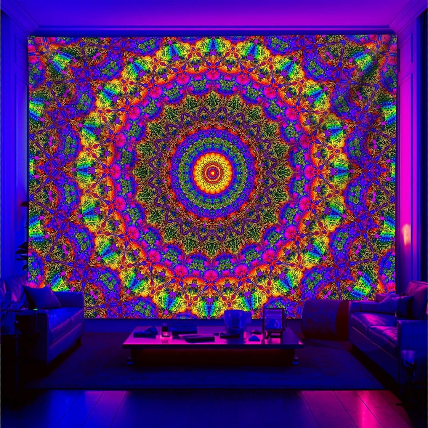 PSYHILAR Blacklight Mandala Boho Tapestry, Black Light Bohemian Hippie Poster for Adults and Teens