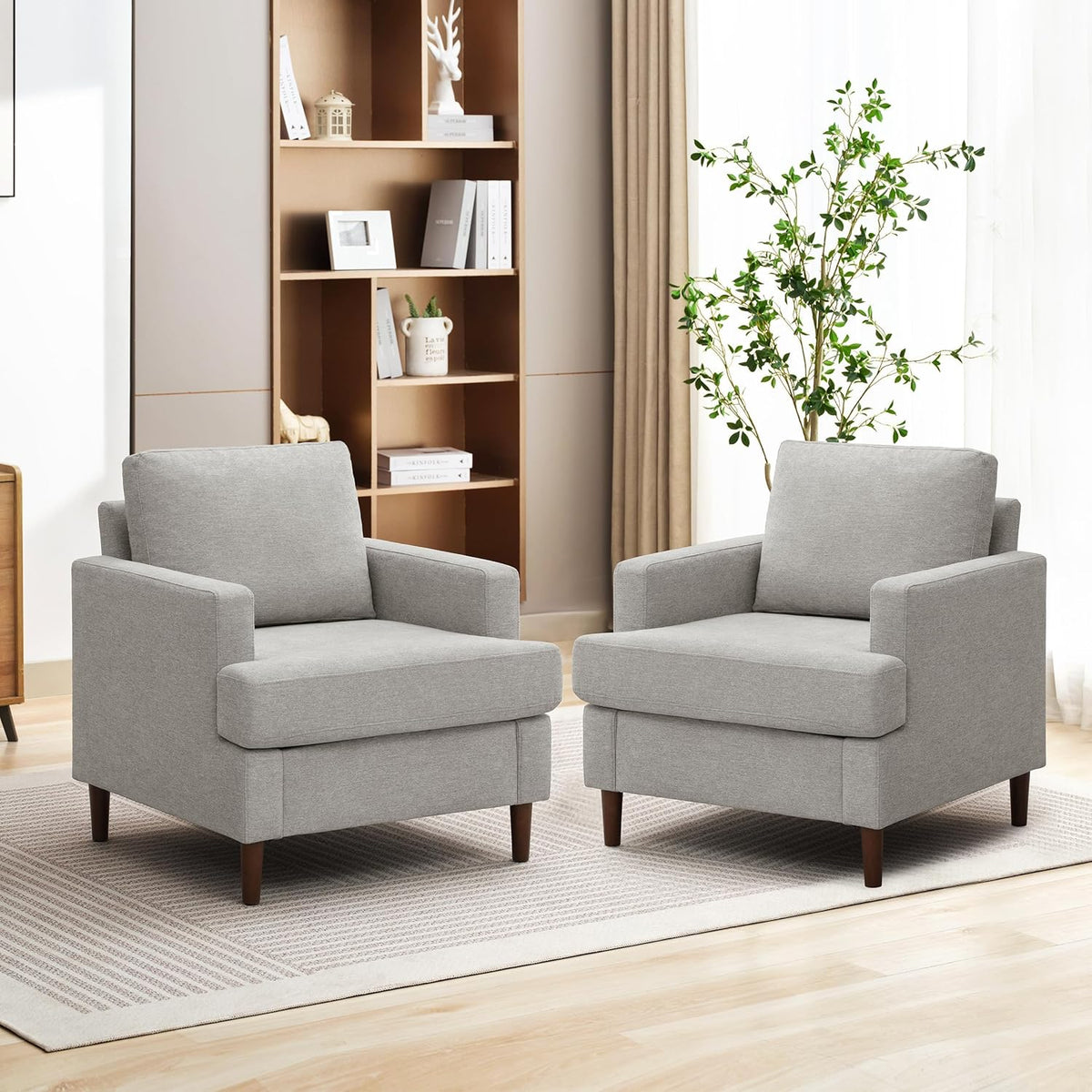 Mid-Century Accent Chair,Modern Linen Fabric Armchair for Living Room,Comfy Upholstered Reading