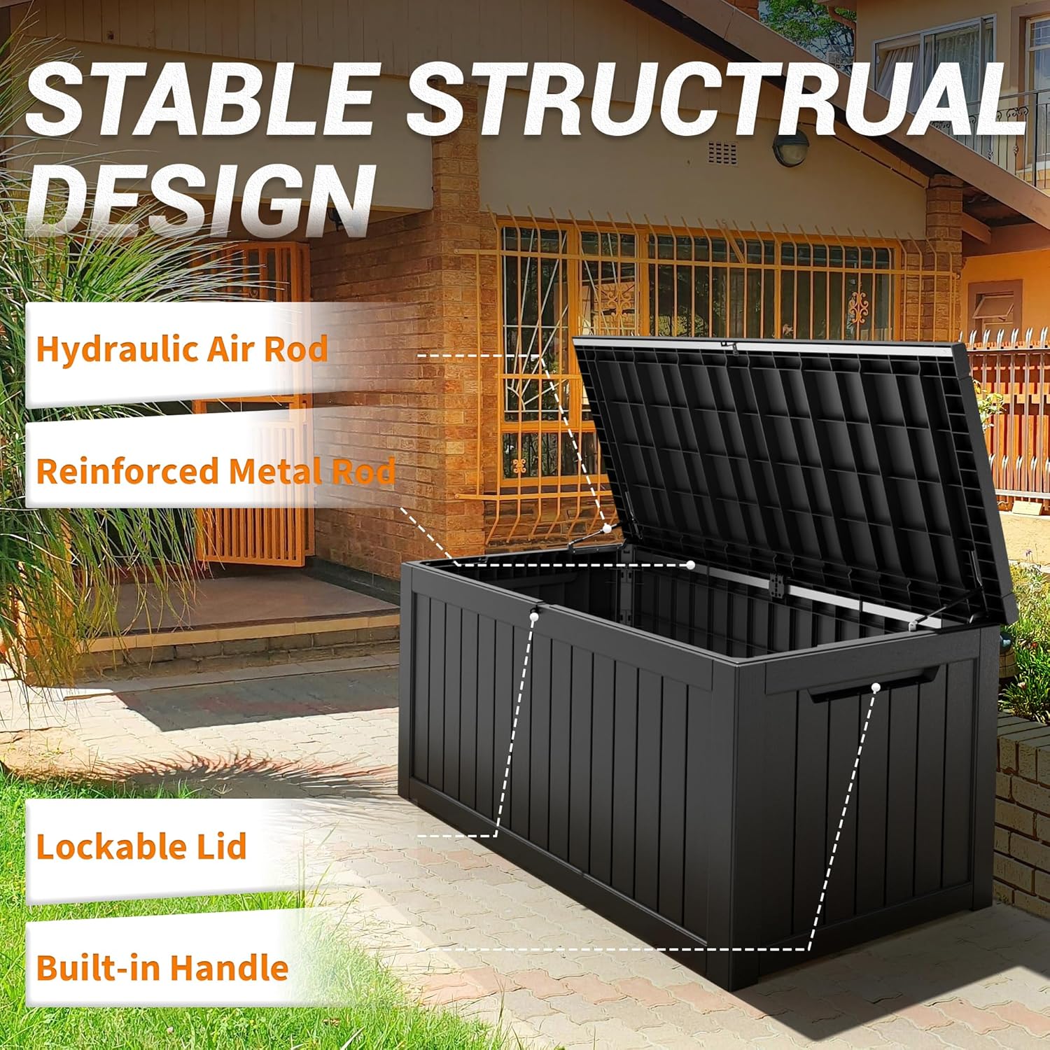 NUNU LAB 230 Gallon Large Resin Deck Box, Waterproof Outdoor Storage Box, Lockable Storage Bin for
