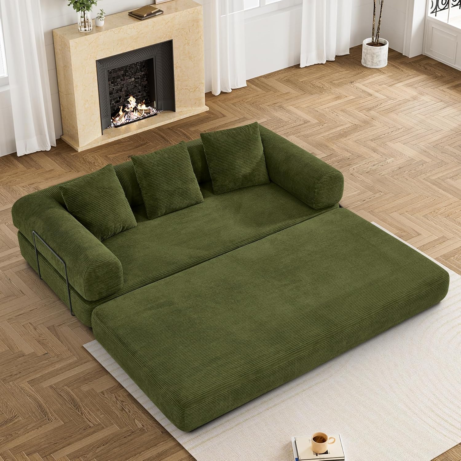 80.3" Convertible Sleeper Sofa Bed with Cylindrical Pillow, Corduroy Folding Mattress Couch with