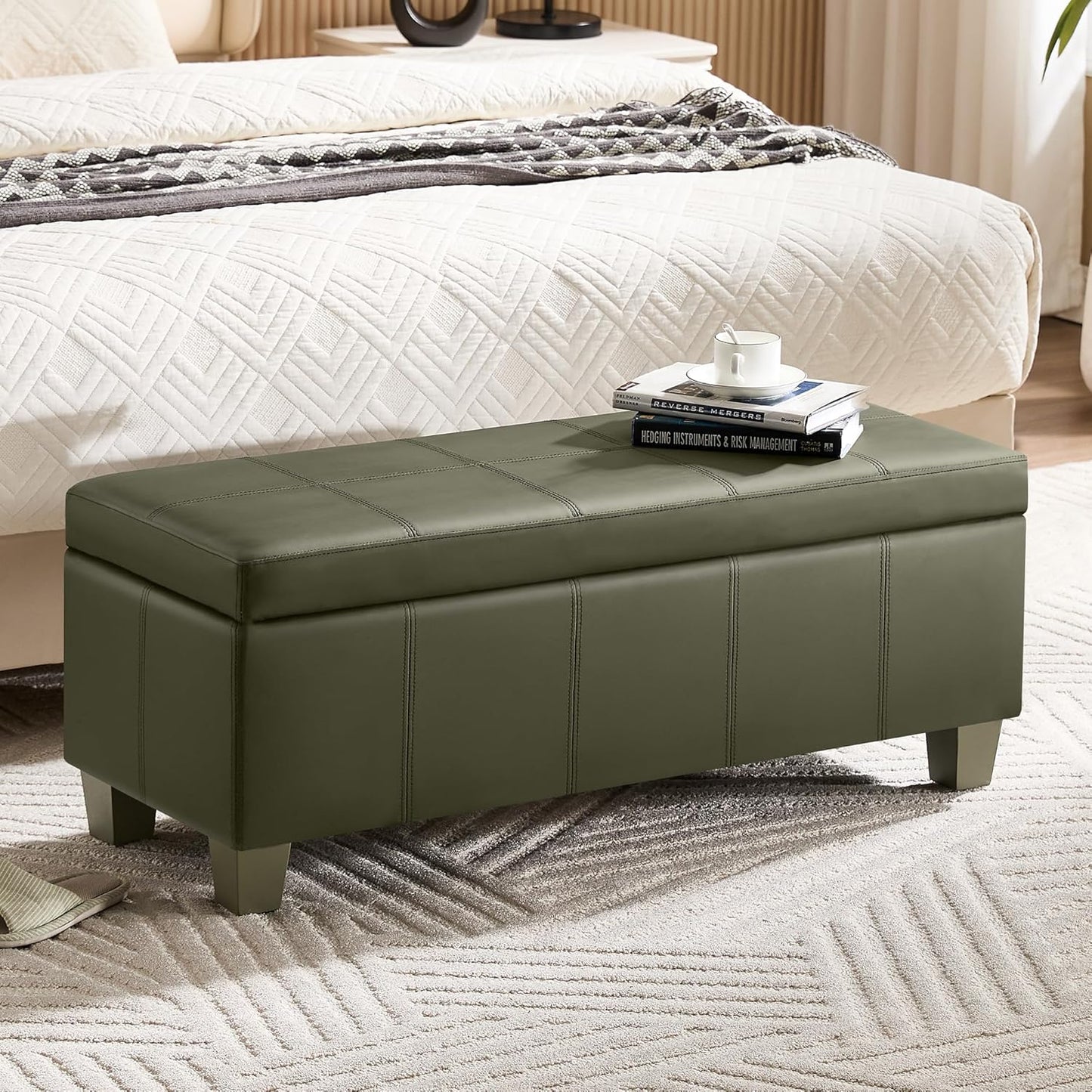 41" Faux Leather Storage Ottoman, Stitch Tufted Rectangle Upholstered End of Bed Storage Bench