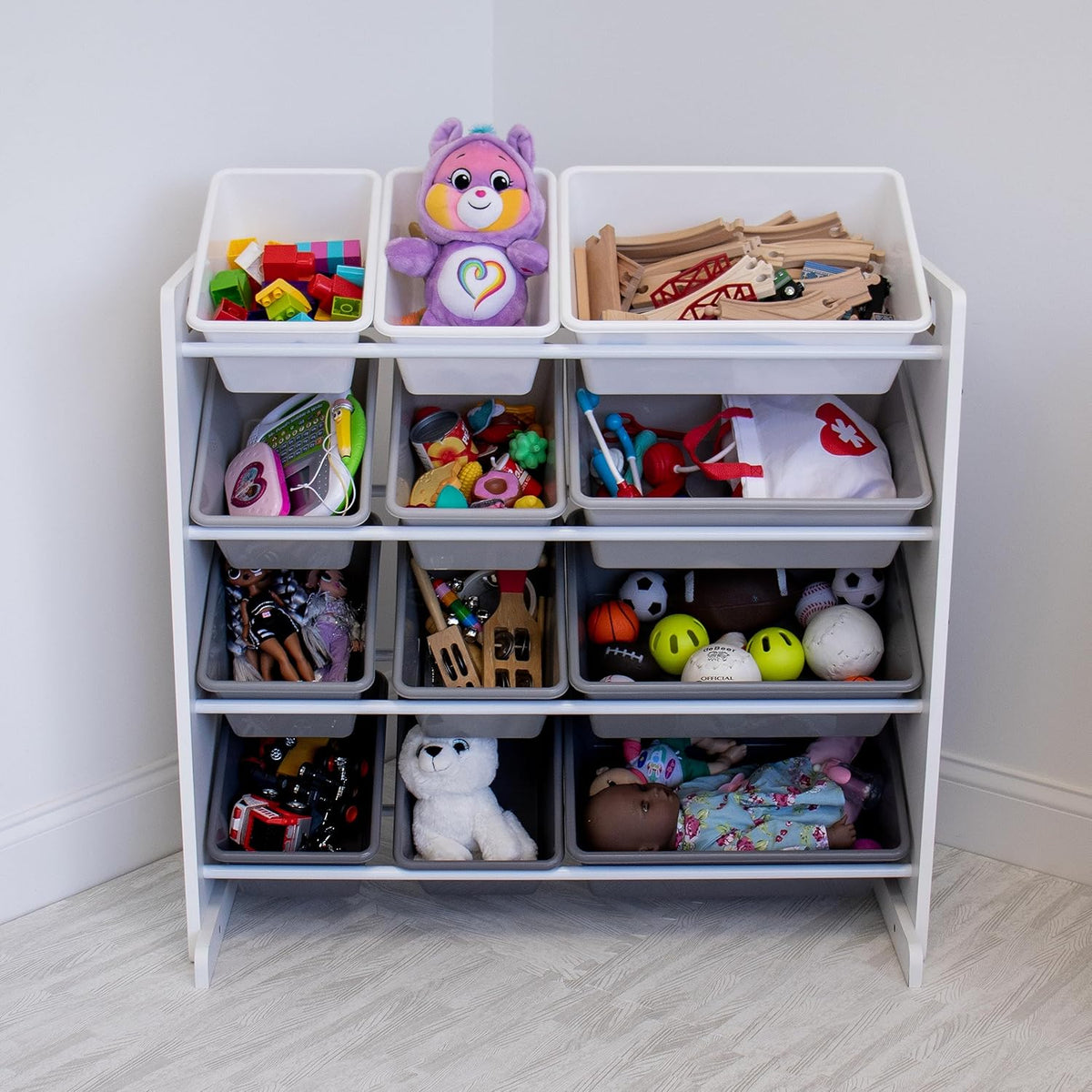 12-Bin Toy Organizer – White/Grey Gradient Ombre Frame with Chalkboard, Eraser & Chalk, Multi-Tier