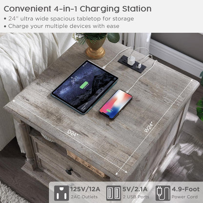 T4TREAM 24'' Farmhouse End Table w/4 Solid Wood Feet, Large 2 Drawers Wide Sofa Side Table with