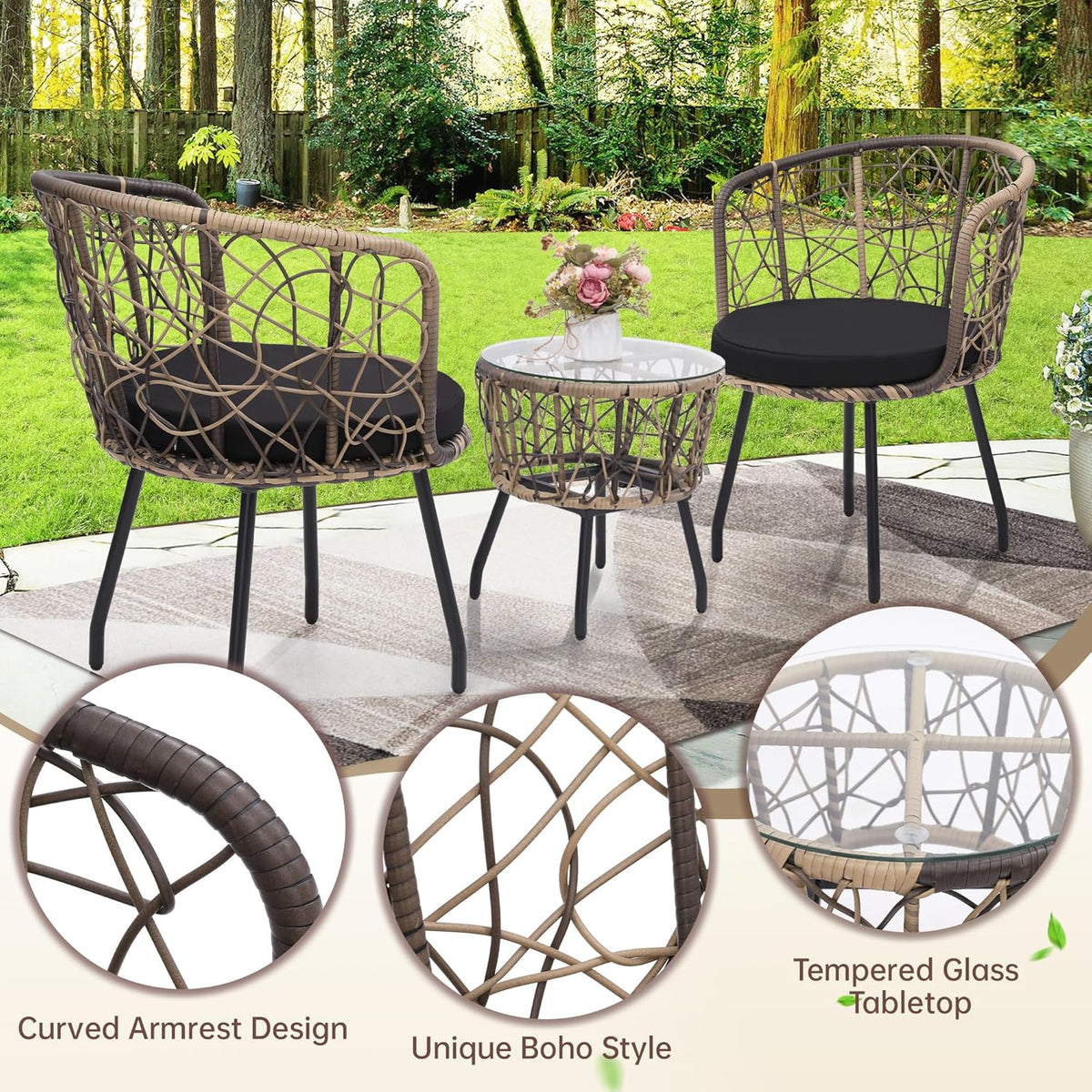 Kromax 3 Piece Bistro Set, Modern Outdoor Wicker Patio Furniture with Tempered Glass Table Top and