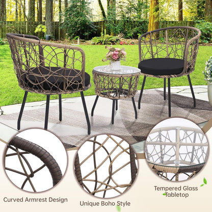 Kromax 3 Piece Bistro Set, Modern Outdoor Wicker Patio Furniture with Tempered Glass Table Top and