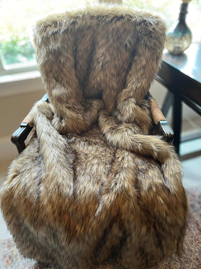 Brown Faux Fur Throw Blanket and Bedspread Caramel and Coffee Colors, Realistic Faux Brown Wolf